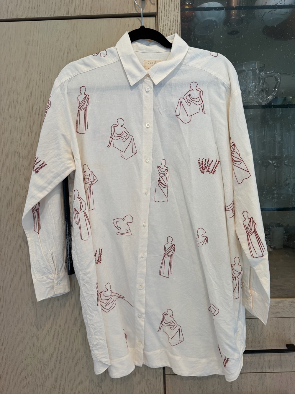 Sézane X Robert Ruspoli Cream Mini Shirt Dress with Rust Line Art - Picture 4 of 6